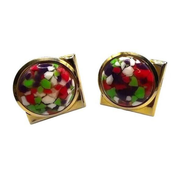 Clip-On Earrings Confetti Mosaic Multicolor Bold Retro Statement Gold Tone - Picture 2 of 7